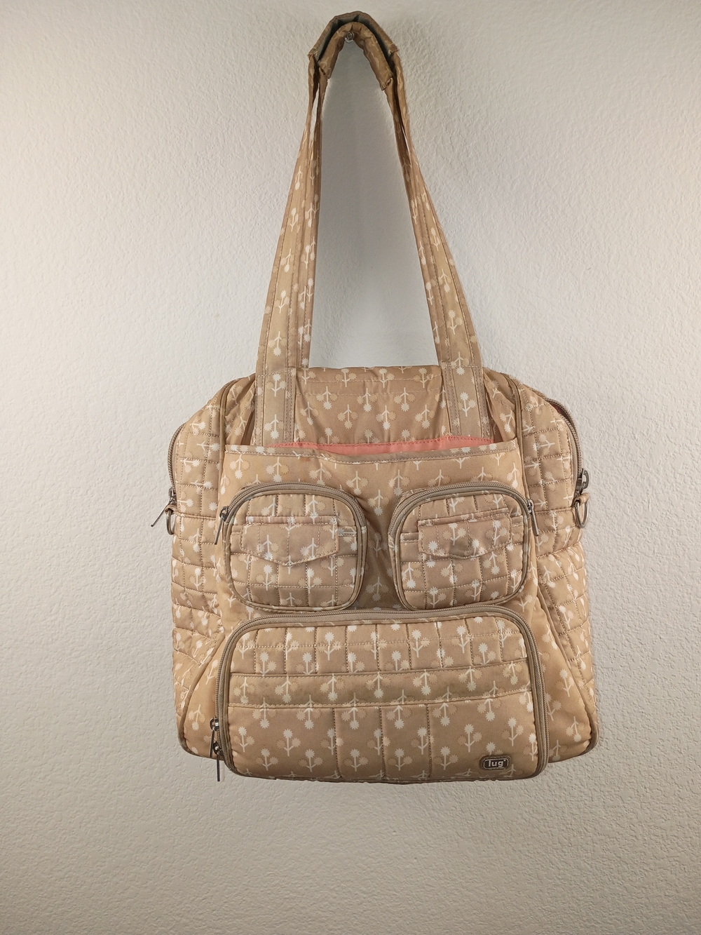 ​Lug Quilted Carry On Travel Tote Overnight Bag Tan Floral Print Cinch Pockets